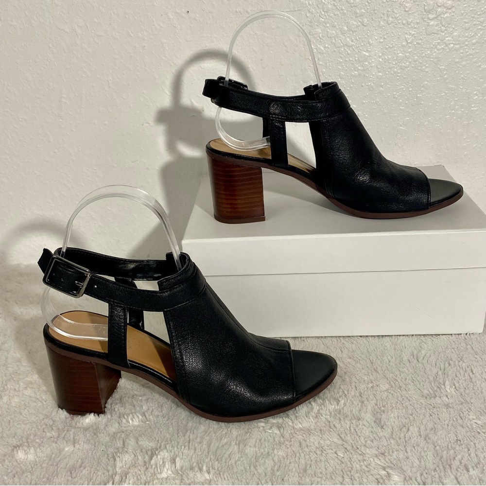 Franco Sarto Harlet Black Leather Block Heel Peep Toe Sandal Women’s Size 7.5M - Picture 3 of 10